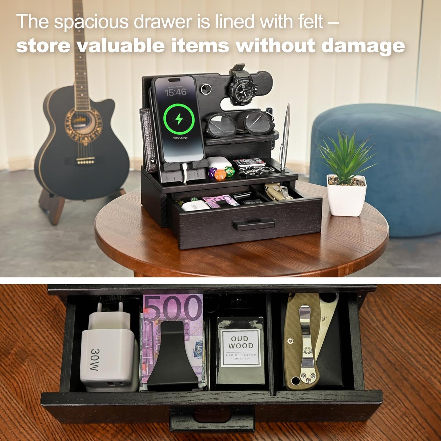 TESLYAR Wood Phone Docking Station with Drawer - Nightstand Organizer - Desk Organizer for Husband - Birthday Gifts for Men, Dad, Anniversary Idea, Key Holder Stand Watch & Accessories (Antique Brown)