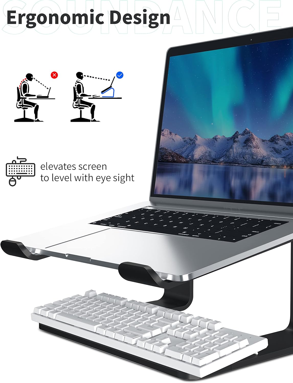 SOUNDANCE Laptop Stand, Aluminum Computer Riser, Ergonomic Laptops Elevator for Desk, Metal Holder Compatible with 10 to 15.6 Inches Notebook Computer, Silver