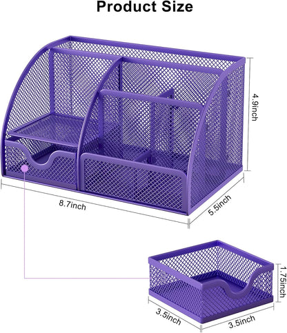 EasyPAG Mesh Desk Organizer with Drawer Multi-functional Pen Holder Stationery Organizer for Office School Supplies 6 Compartments Dorm Organizers and Storage for Desk, Black