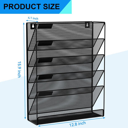 Wall File Organizer Holder Mesh Hanging Paper Document Holder,Vertical 6 Pocket Tier for Office Home, Black