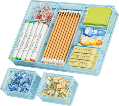 Marbrasse 3 Packs Desk Drawer Organizers, Metal Mesh Dividers Desk Drawer Organizer Tray with 9 Adjustable Compartments, Pen Organizer for Drawer Tray Box Accessories for Desktop,Kitchen, Makeup