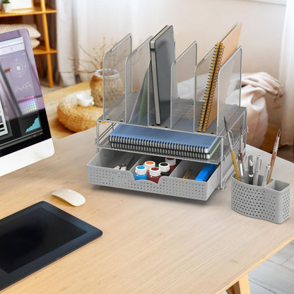 Simple Houseware Mesh Desk Organizer with Sliding Drawer, Double Tray and 5 Upright Sections, Black
