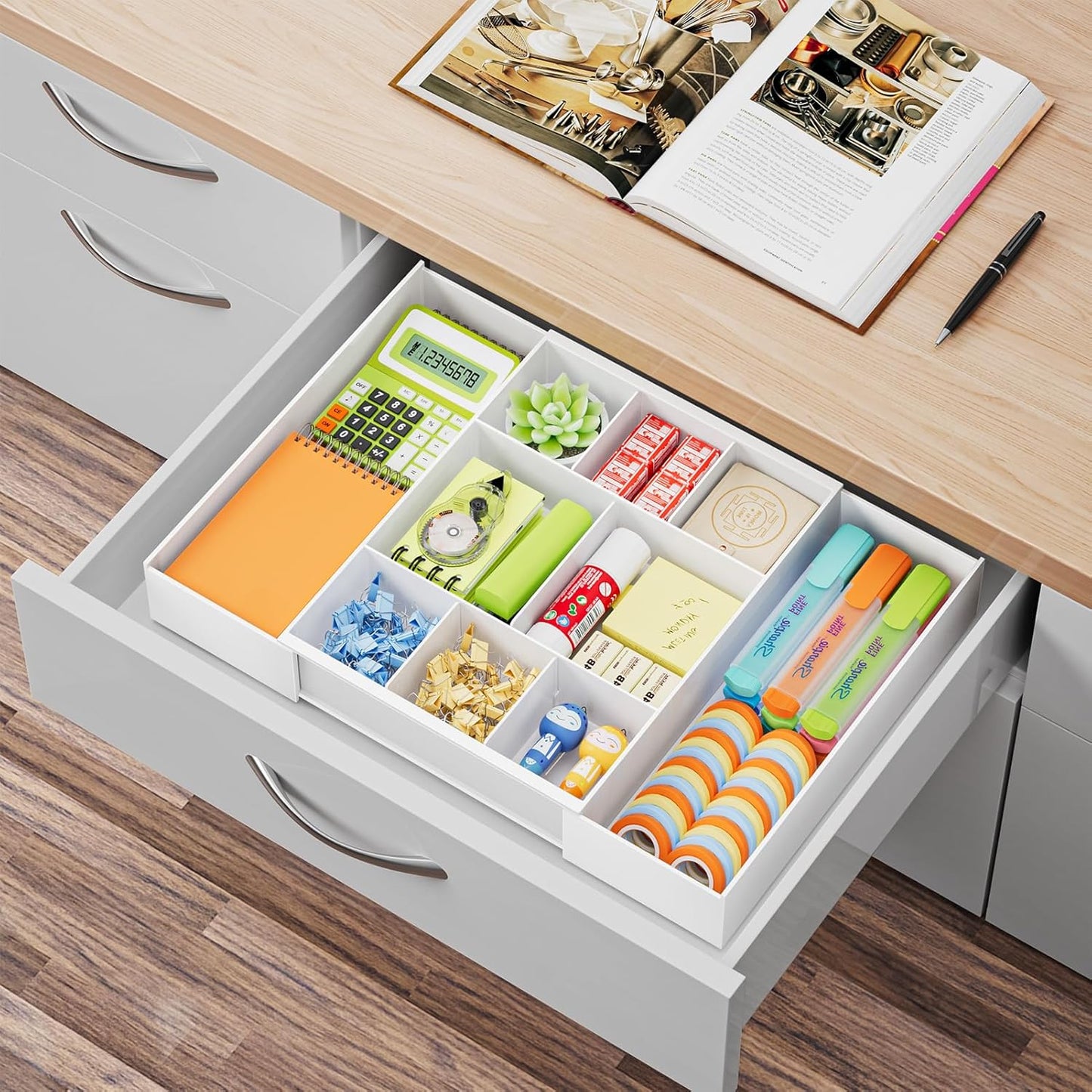 Marbrasse Expandable Desk Drawer Organizer, Clear Plastic Drawer Organizer Tray with 10 Adjustable Compartments, Desk Organizers and Accessories, 5 Drawer Dividers for Office Supplies, Makeup(Black)