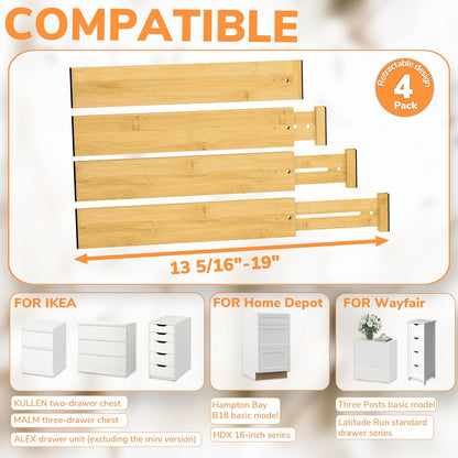 BAMEOS Drawer Dividers kitchen Organization Bamboo Utensil Organizers for Kitchen Bedroom Bathroom Dresser Office 4-pack