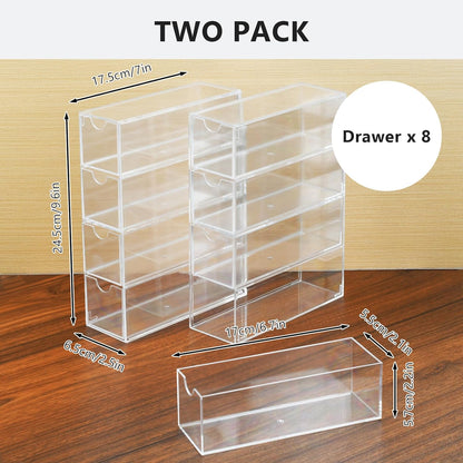2 Pack Desktop Organizers of 8 Storage Drawers, Clear Acrylic Glasses Storage Drawers Organizer Office Desk Organizer for Vanity Table, Bathroom Counter, Teacher Desk, Dorm