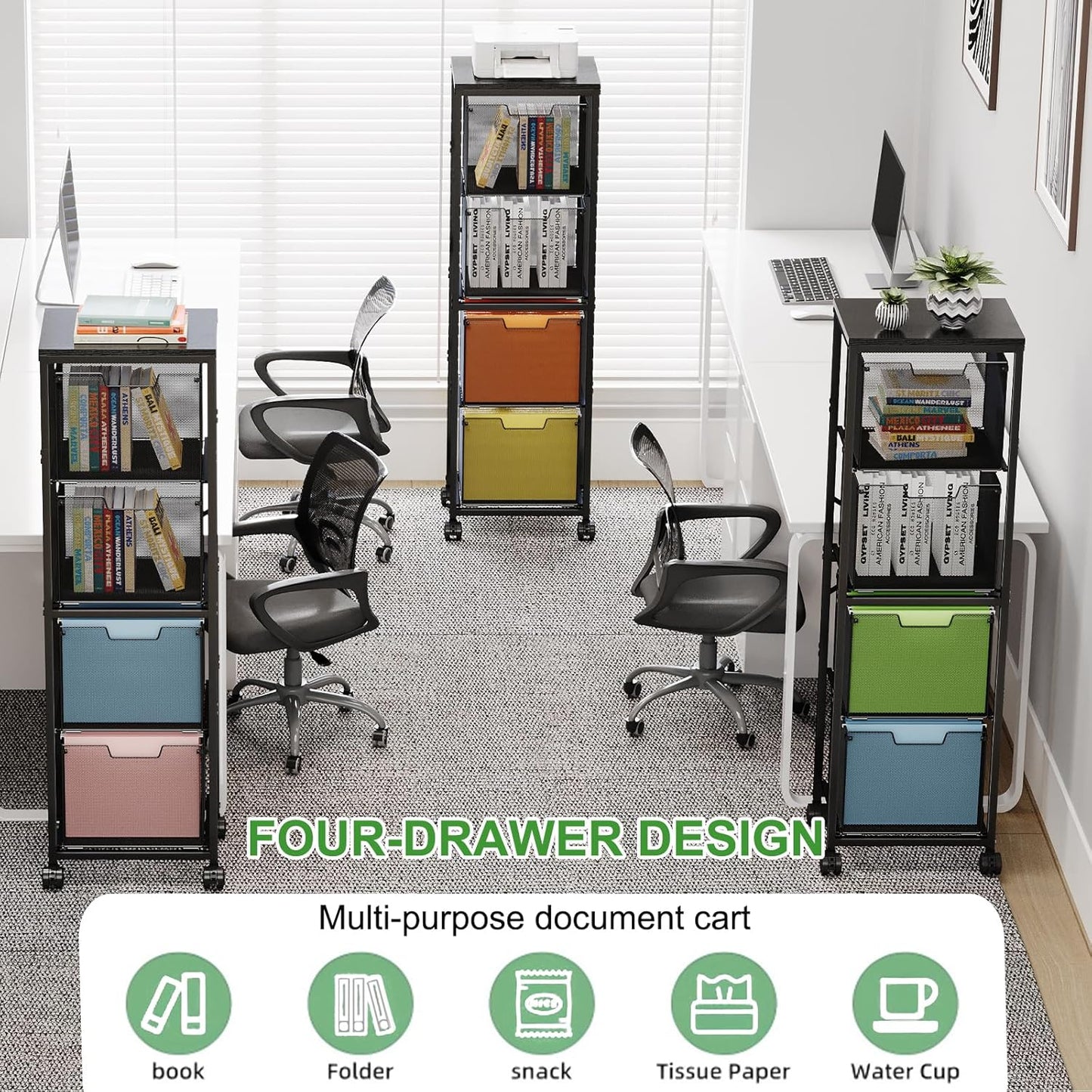Sbanmao Rolling File Cart with 2 Storage Drawers, Mobile File Cabinet with Wheels, Hanging File Folder Organizer, Under Desk Storage, Printer Stand Utility Cart Filing Cabinet for Home Office,Black