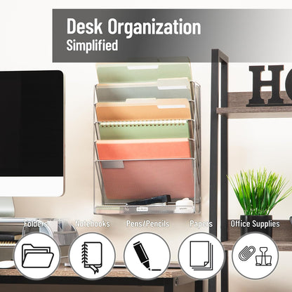 Mind Reader 5-Pocket Vertical File Storage, Desktop Organizer, Wall Mount, Office, Metal Mesh, Pink