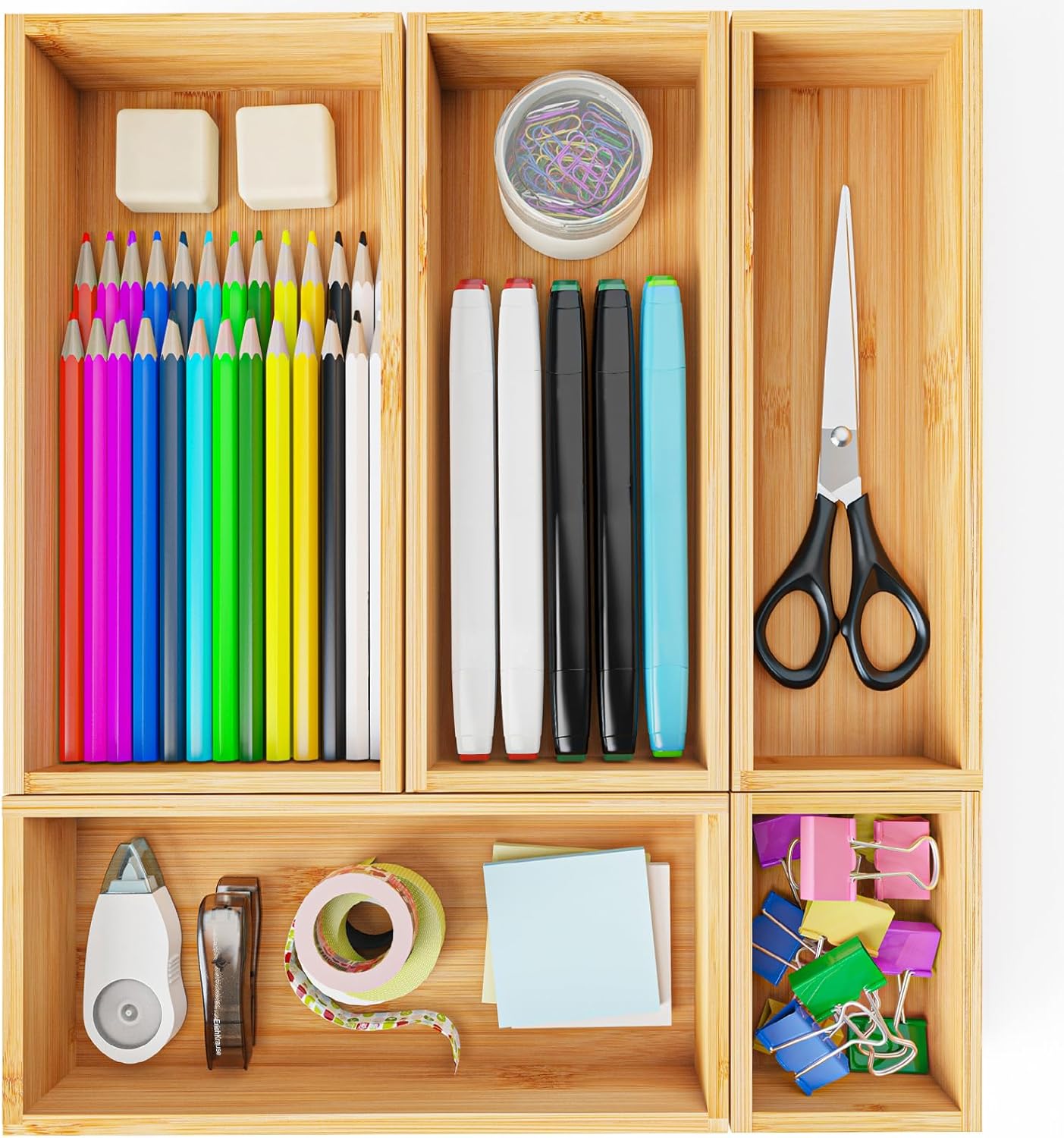 Bamboo Drawer Organizer Boxes, 5 PCS Junk Drawer Organizer, Wooden Storage Trays for Kitchen, Bathroom, Office, Makeup