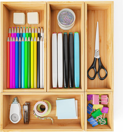 Bamboo Drawer Organizer Boxes, 5 PCS Junk Drawer Organizer, Wooden Storage Trays for Kitchen, Bathroom, Office, Makeup