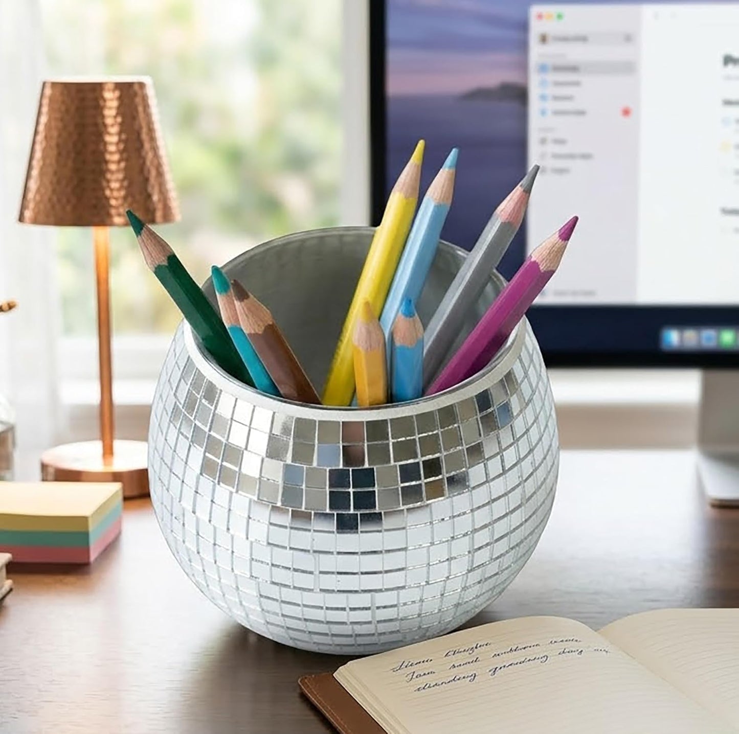 Glass Disco Ball Pen Holder with Smooth Grouting - Premium Mirror Mosaic Pencil Cup for Desk, Cute Makeup Brush Holder, Aesthetic Room Decor Gift (Iridiscente)
