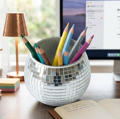 Glass Disco Ball Pen Holder with Smooth Grouting - Premium Mirror Mosaic Pencil Cup for Desk, Cute Makeup Brush Holder, Aesthetic Room Decor Gift (Iridiscente)