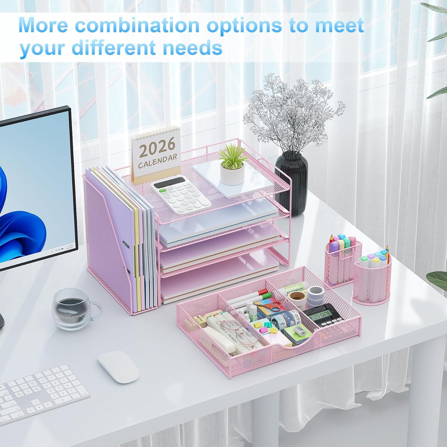 gianotter Desk Organizers and Accessories with File Holder, 4-Tier Desk Accessories & Workspace Organizers with Drawer and 2 Pen Holder, Paper Organizer for Office Supplies (Rose Gold)