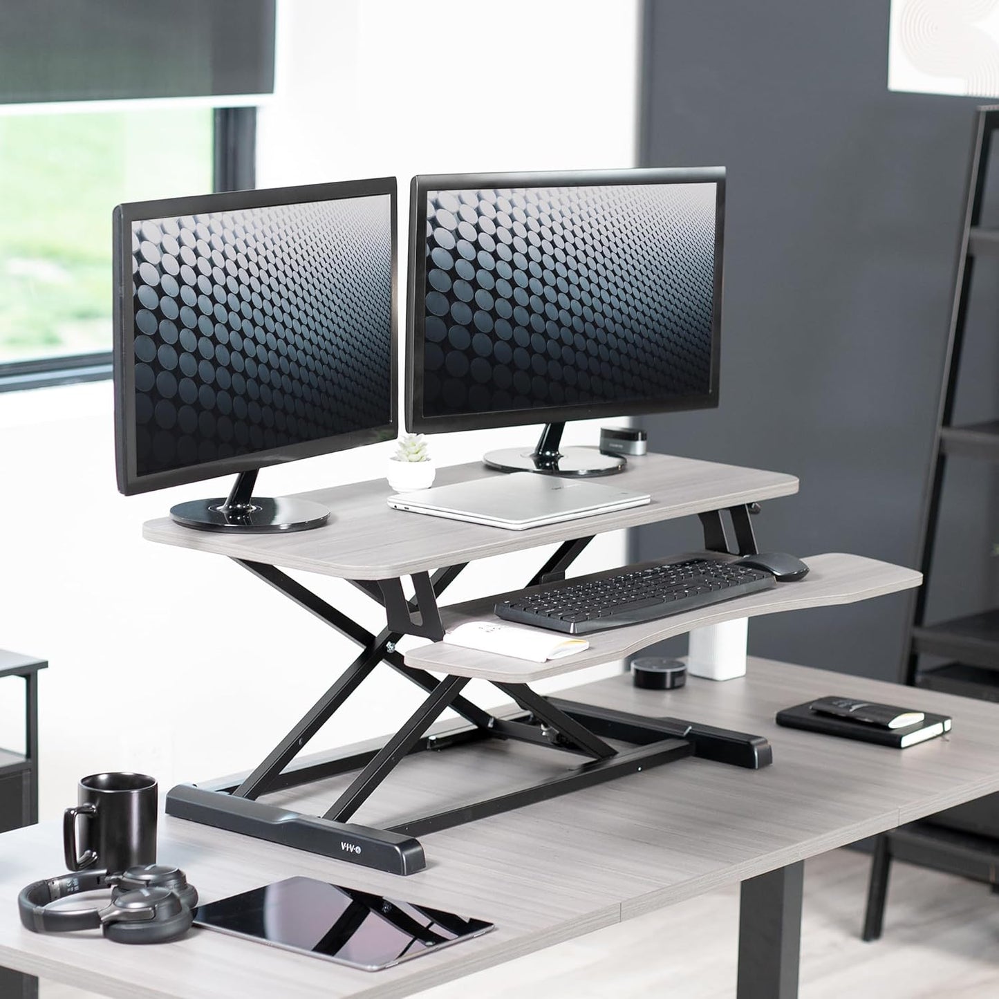 VIVO 26 inch Desk Converter, K Series, Height Adjustable Sit to Stand Riser, Dual Monitor and Laptop Workstation with Keyboard Tray, Black, DESK-V026KB