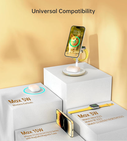 XooFly 3 in 1 Wireless Charging Station for Apple Devices, Fast Wireless Mag-Safe Charger Stand with 20W Adapter for iPhone 17 16 15 14 13 12 Pro Max/Air/Plus/Pro,iWatch,AirPods-Gift for Wife&Husband