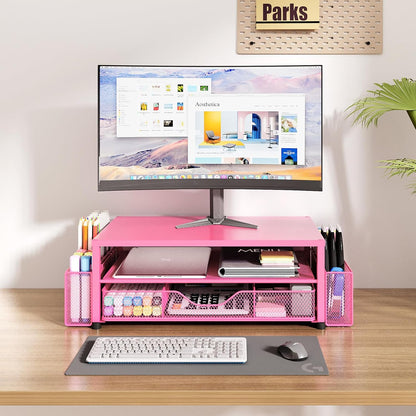 OPNICE Desk Organizers and Accessories, Computer Monitor Stand Riser with Drawer and 2 Pen Holders, Printer & Laptop Stand, Office Desk Accessories & Workspace Organizers for Home Office Supplies, Black