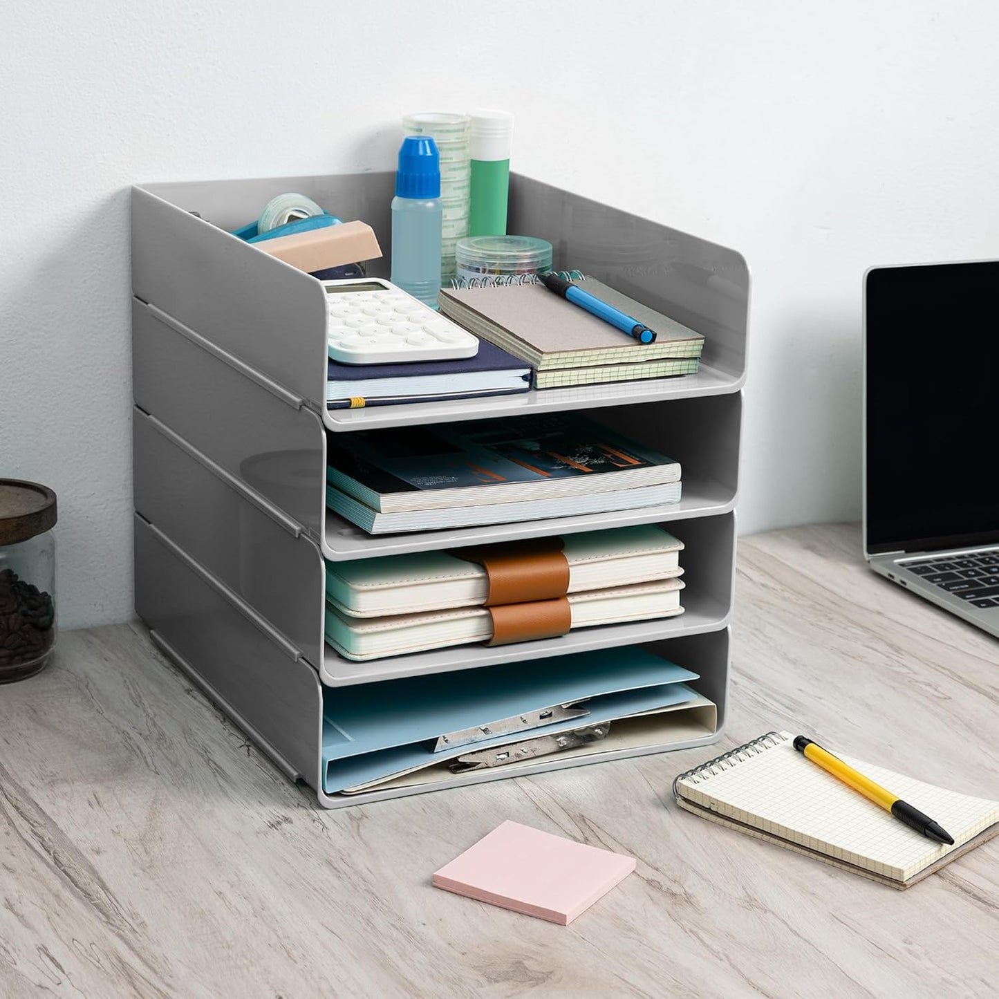 Tiawudi Desk Organizer, Clear Office Organization and Storage, Plastic Letter Tray, Stackable File Organizer for Classroom, Home, Documents, Notes, Folders, Books and Pens, 4 Tier