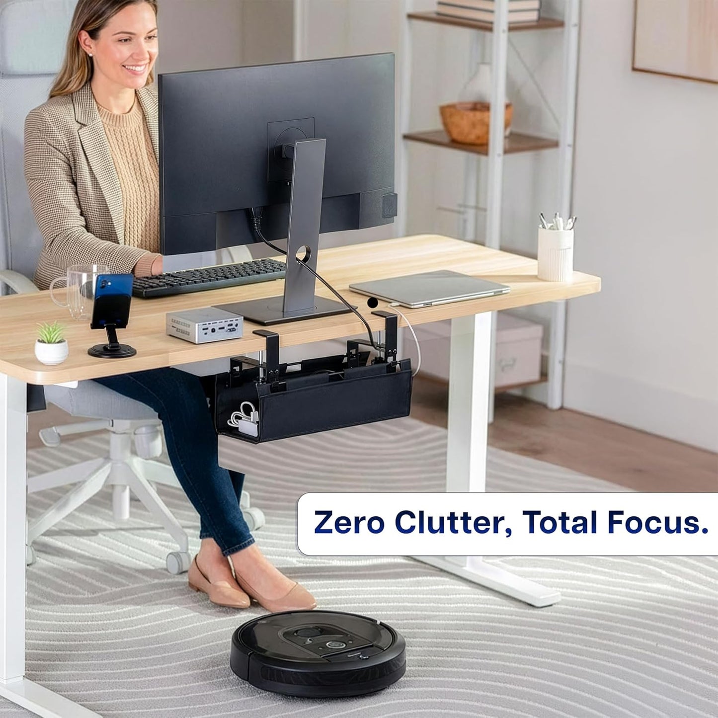 VIVO Clamp-on Under Desk 31 inch Fabric Cable Management Tray, Wire Concealer, Power Strip Storage, Workspace Organization, Easy Fold Down Access, Black, DESK-AC31F-C