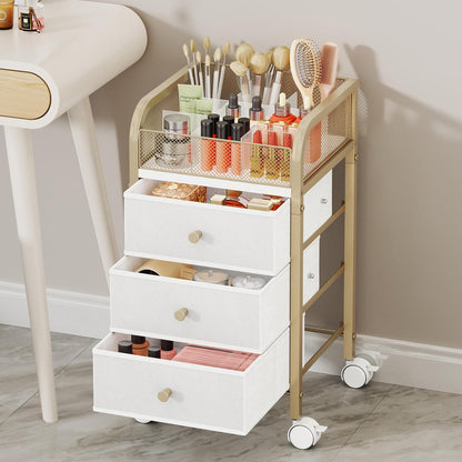 SWTYMIKI Rolling Makeup Organizer Cart - Under Desk Vanity Makeup Storage with 3 Non-woven Drawers, Nail Cart Organizer Cosmetic Display Cases Cabinet for Skin Care Perfume Nail Polish Brush Hair Tool