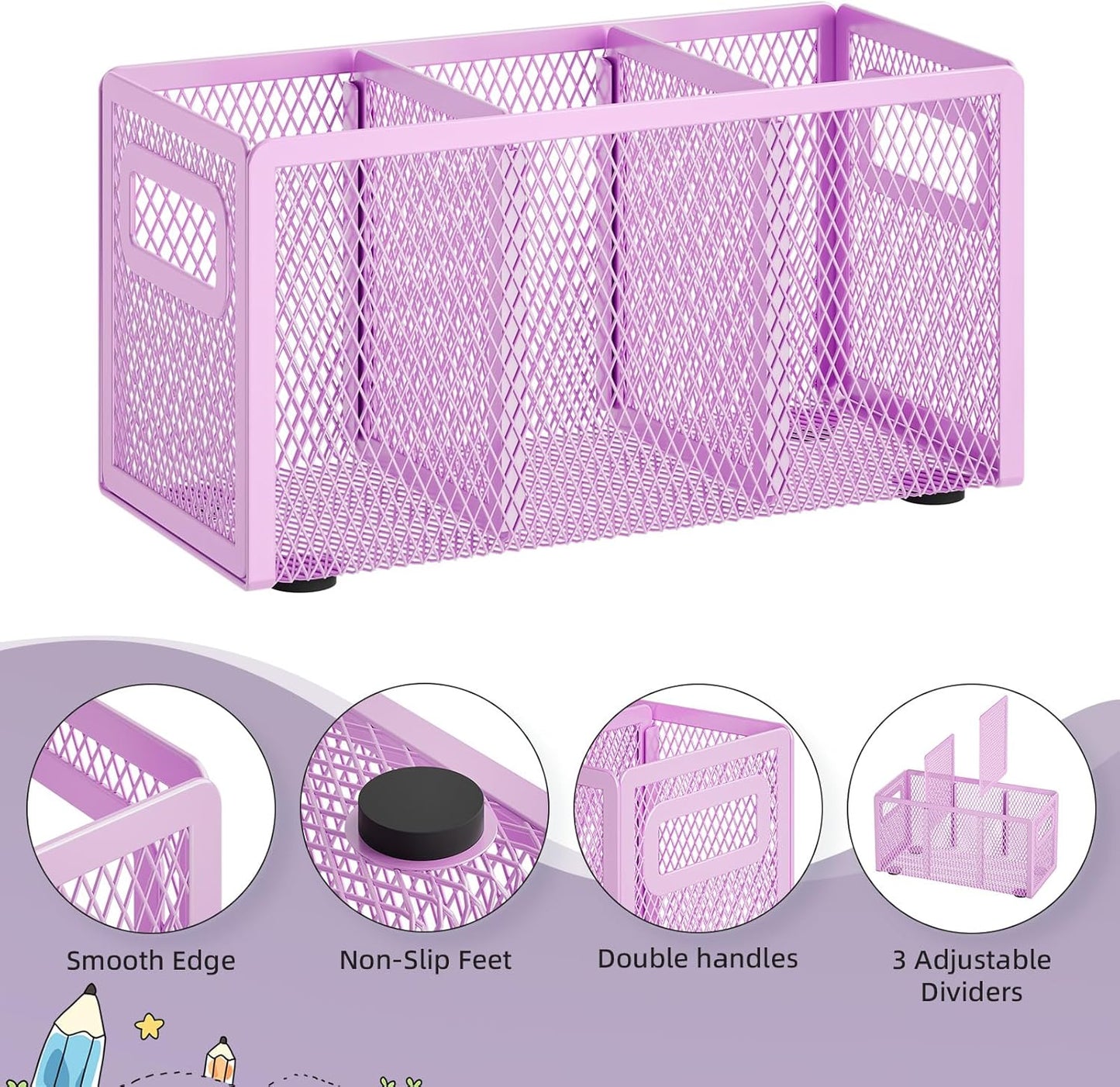 Marbrasse Mesh Pen Holder for Desk,Pencil Holder Desk Organizer 3 Adjustable Compartments,Pencil Cup with Handle Perfect for Classroom, Office, Home,Makeup,Art (Black)