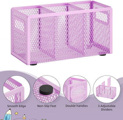 Marbrasse Mesh Pen Holder for Desk,Pencil Holder Desk Organizer 3 Adjustable Compartments,Pencil Cup with Handle Perfect for Classroom, Office, Home,Makeup,Art (Black)