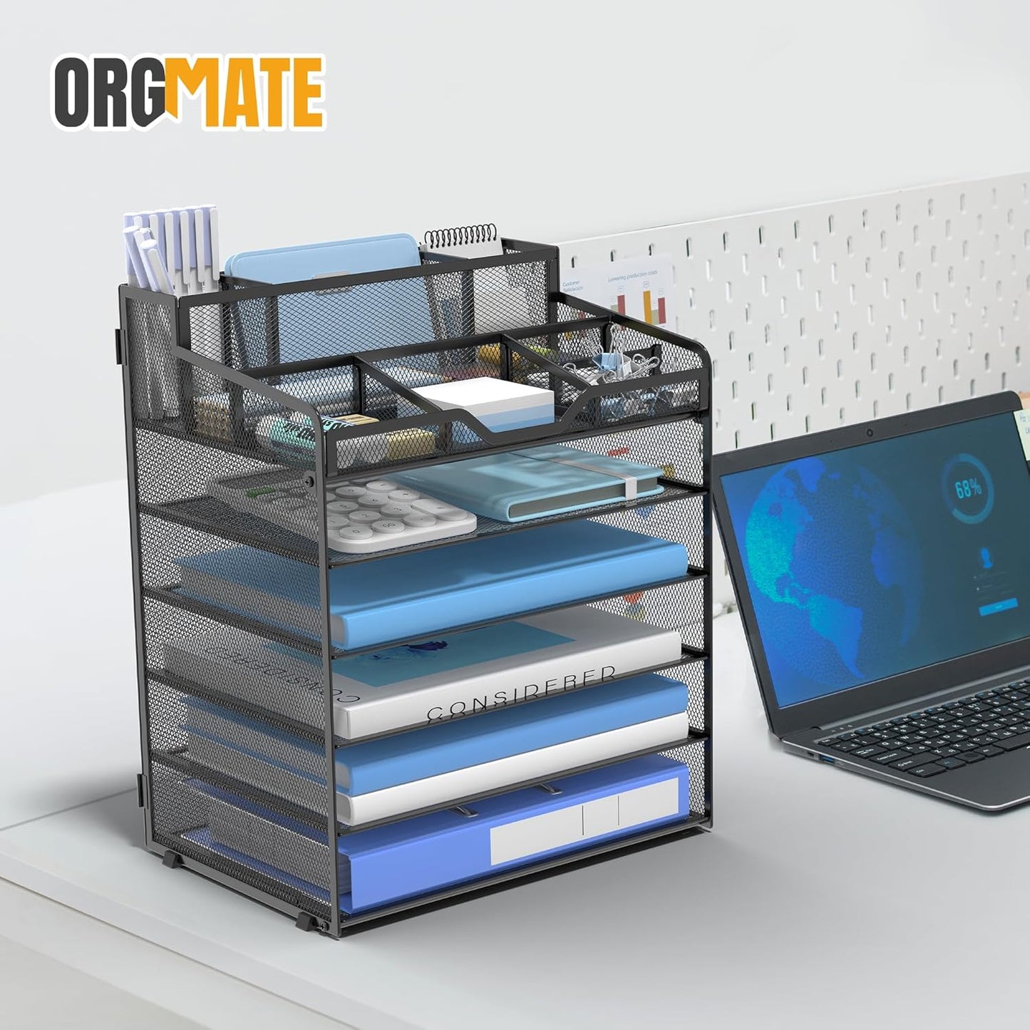 5 Tier Mesh Desk Organizer,Multi Functional Letter Paper Tray with 3 Pen Holders and 5 Adjustable Storage Compartments for Office Supplies Files and Mail Space Saving Desktop Organizer-Black
