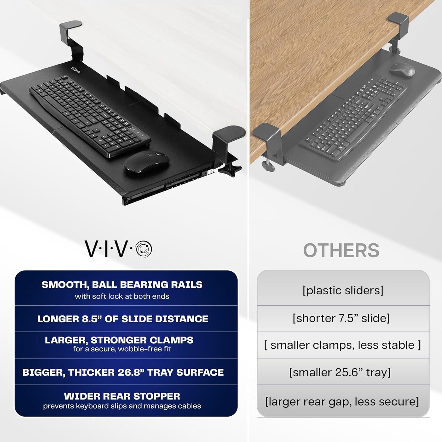 VIVO Large Clamp-on Computer Keyboard and Mouse Under Desk Slider Tray, 27 x 11 inch Pull Out Platform Drawer, White, MOUNT-KB05W