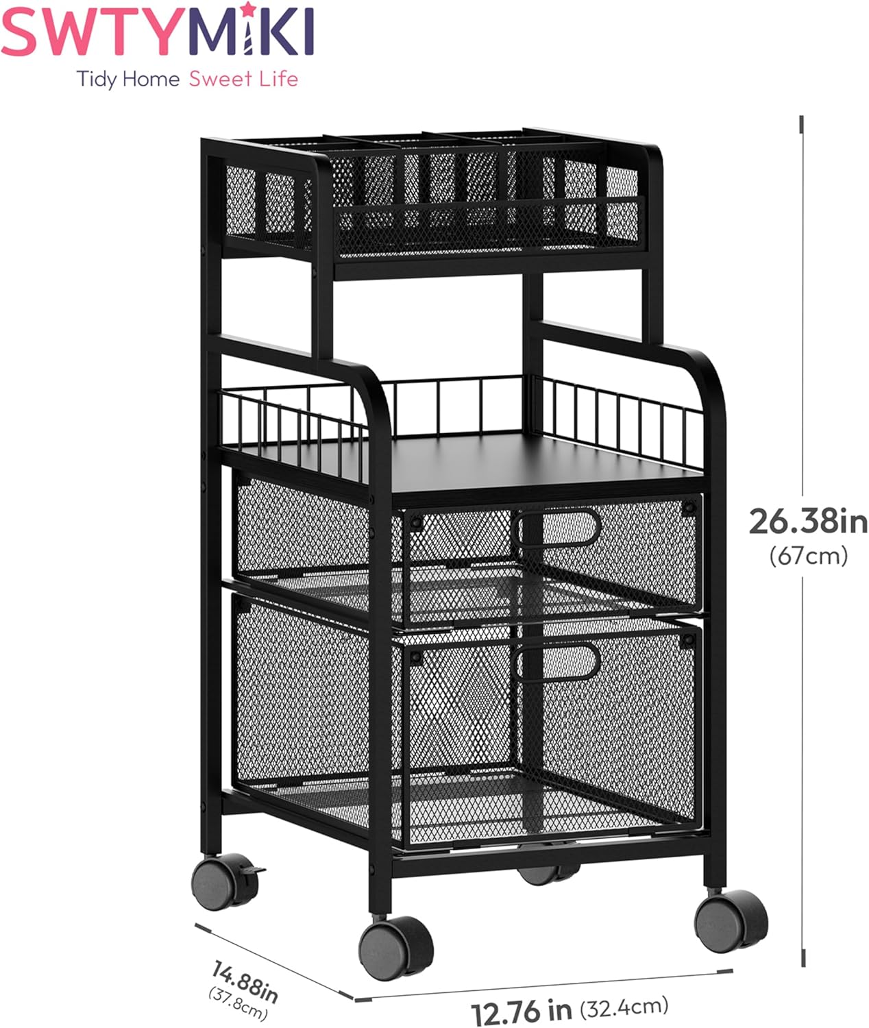 SWTYMIKI Rolling Cart with Drawers - Metal Utility Cart with Wood Shelf, DIY Divider and Locking Wheels, Craft & Art Cart Organizer for Under Desk Storage for Home Office Studio, Espresso