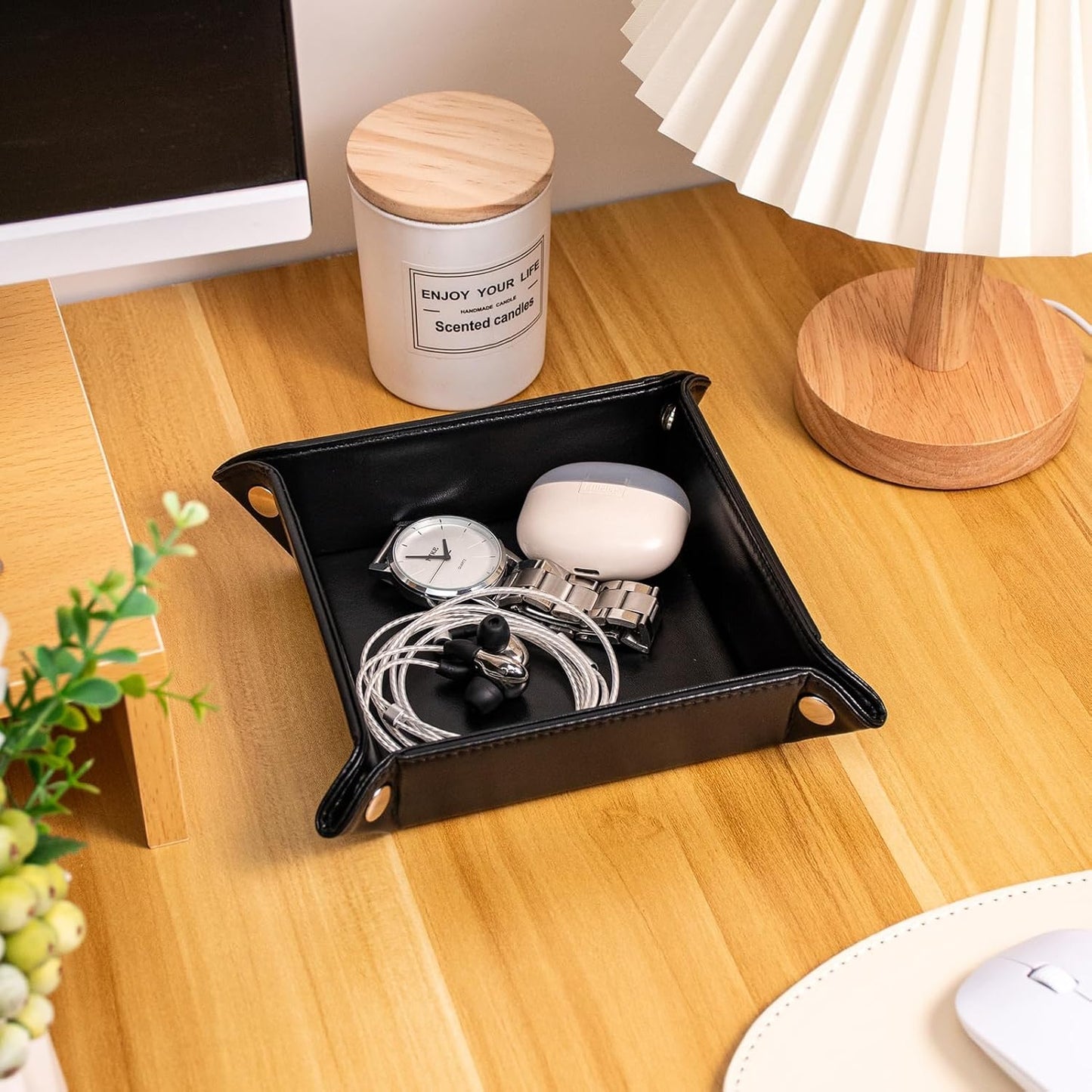 BONNY DODO Valet Tray for Men PU Leather Tray Organizer with Partition, Storage Keys, Watch & Practical Storage for Table Nightstand Living Room Bedroom (Dark Brown-Square)