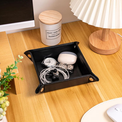 BONNY DODO Valet Tray for Men PU Leather Tray Organizer with Partition, Storage Keys, Watch & Practical Storage for Table Nightstand Living Room Bedroom (Dark Brown-Square)