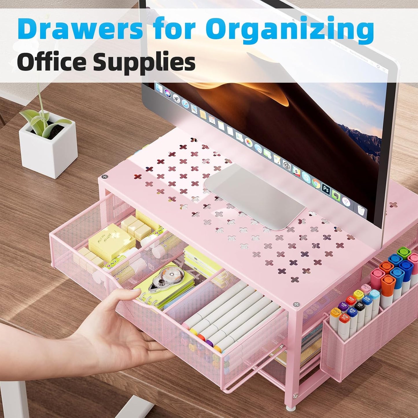 Marbrasse Metal Printer Stand for Desk with Storage Drawer and 2 Pen Holders, 2-Tier Desktop Organizer Printer Table for Home Office, Multi-Purpose Desk Organizer for Fax Machine Scanner Files(Black)