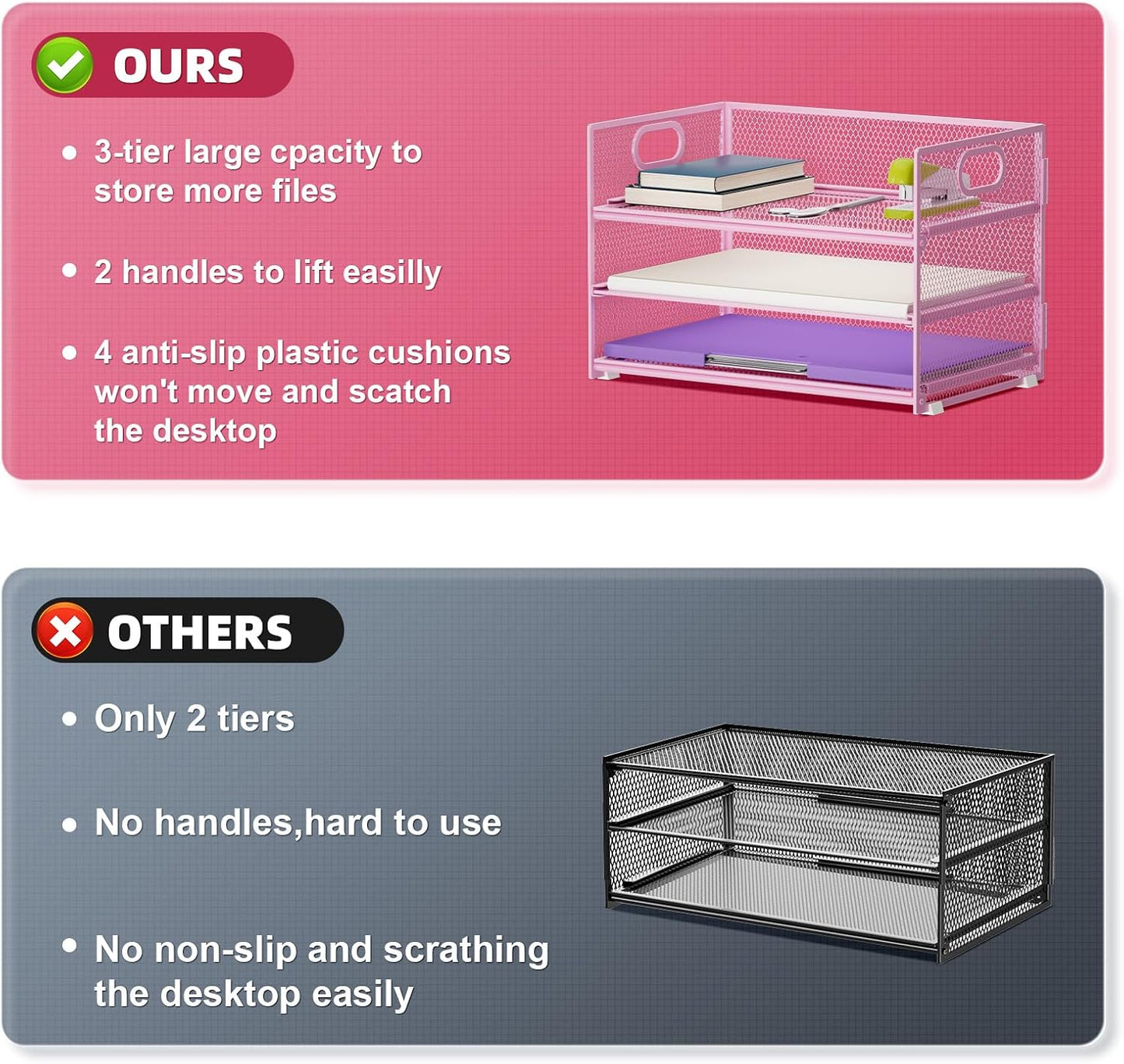 Marbrasse 3 Tier Paper Organizer Letter Tray, Mesh File Organizer with Handle, Paper Sorter Desk Organizer for Home Office Supplies