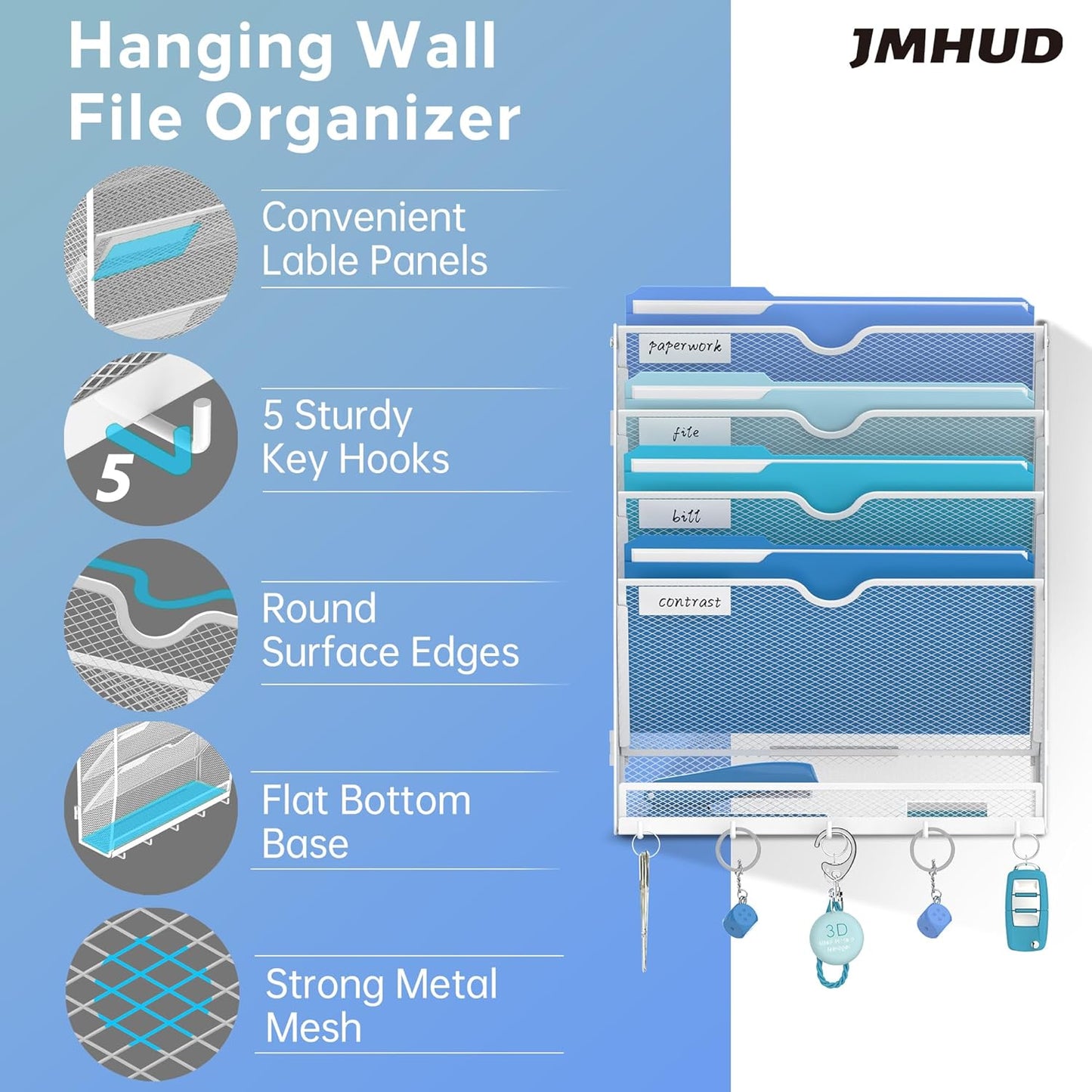 5 Tier Wall File Organizer - Hanging File Organizer with 5 Hooks, Mail Holder Wall Mounted for Papers, Folders, Magazines, Bills, Office&School Organization, Black