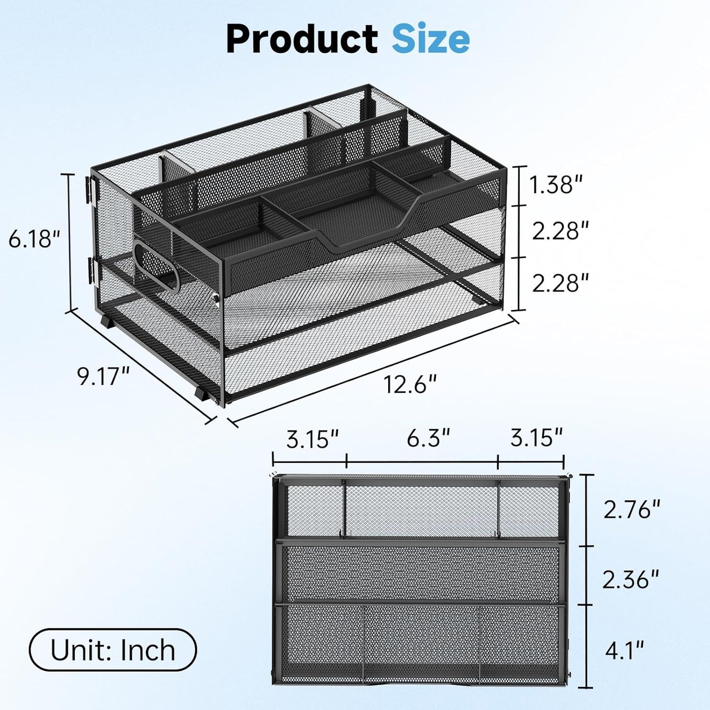 DALTACK 3 Tier Paper Organizer with Handle, Mesh Metal Desk Organizer with Sliding Paper Trays for Letter/A4 Paper, Mail, Bills & Folders, Black