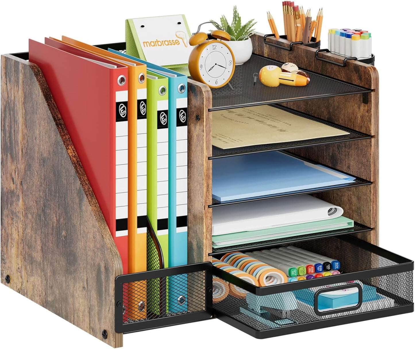 Marbrasse Desk Organizer with File Holder, 5-Tier Paper Letter Tray Organizer with Drawer and 2 Pen Holder, Mesh Desktop Organizer and Storage with Magazine Holder for Office Supplies(Black)
