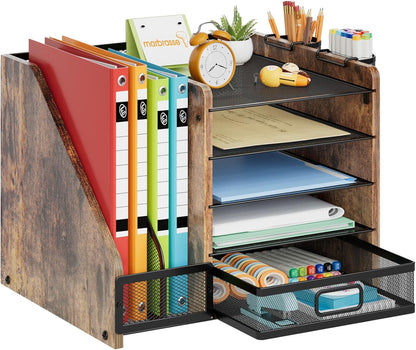 Marbrasse Desk Organizer with File Holder, 5-Tier Paper Letter Tray Organizer with Drawer and 2 Pen Holder, Mesh Desktop Organizer and Storage with Magazine Holder for Office Supplies(Black)