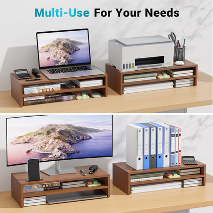 BONTEC Wooden Monitor Stand Riser, 2-Tier Desk Shelf with Storage Organizer, Ergonomic Computer Stand with Cable Management, Cellphone Holder, White, 16.5 Inch