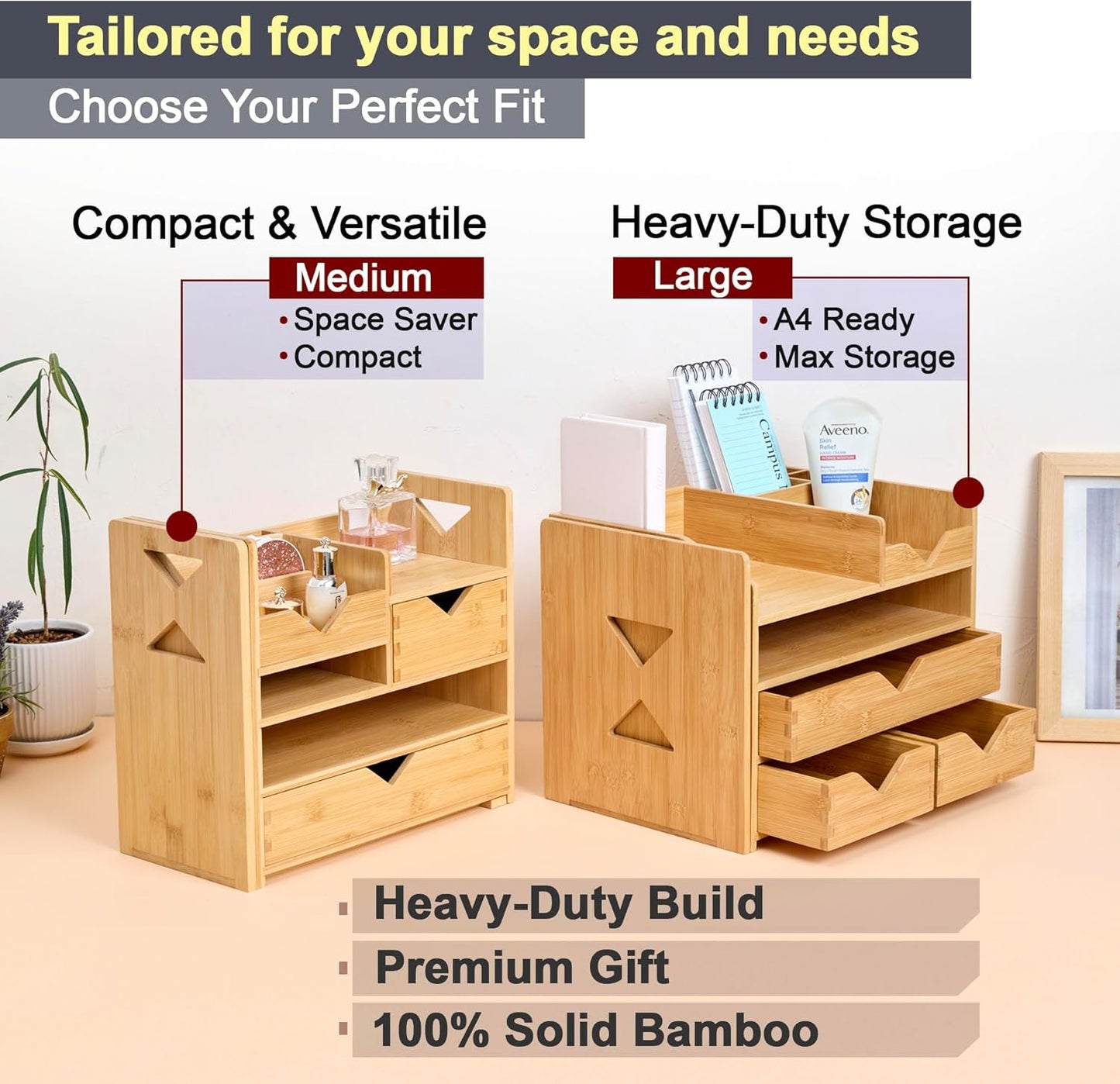 Pandorama Bamboo Desk Organizer Large - A4 Drawers & Adjustable File Holder, Fully Assembled Wood Desktop Storage for Kitchen, Bedroom, Bathroom, Study Room