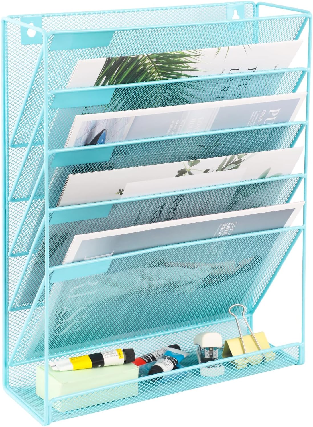 EASEPRES Desk File Organizer Mesh 6-Tier, Hanging Wall Mount Document Organization Stand, Desktop Vertical Mail Paper Folder Holder Rack with Bottom Tray for Office Home Cubicle Countertop, Black