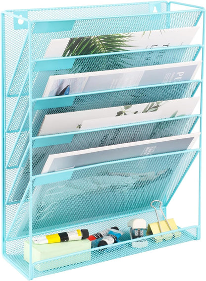 EASEPRES Desk File Organizer Mesh 6-Tier, Hanging Wall Mount Document Organization Stand, Desktop Vertical Mail Paper Folder Holder Rack with Bottom Tray for Office Home Cubicle Countertop, Black