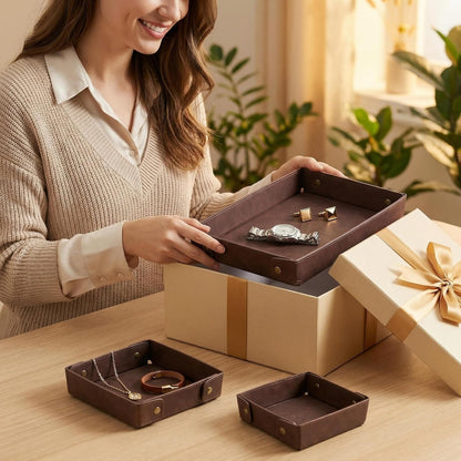 3Pack Mens Valet Tray, Foldable PU Leather Catch All Organizer for Desk, Entryway, Holds Keys, Wallet, Watch, Jewelry, Phone (Brown)