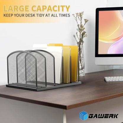 Gawerk Large Size Desk File Organizer, Metal Mesh Vertical Desktop File Holder, 5-Section file organizer for Desk Home Office Black