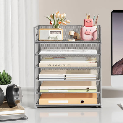 Subekyu 6 Tier Office File Paper Desk Tray Organizer with Handle, Stackable Slide Mesh Letter Tray Folder Blue Desk Organizer, Desktop Document Sorter for Classroom, Office, Home Supplies Storage