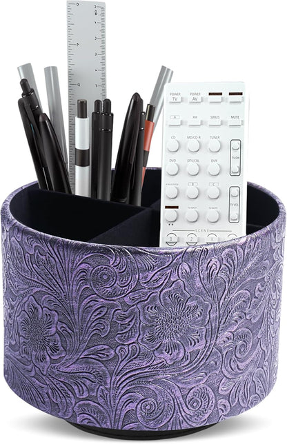 lizimandu Round Leather Art Supply Organizer,Remote Control Holder,360 Degree Spinning,Multi-Functional Pencil Holder,4 Compartments Desktop Stationary Organizer(1-Gold) - Colors A