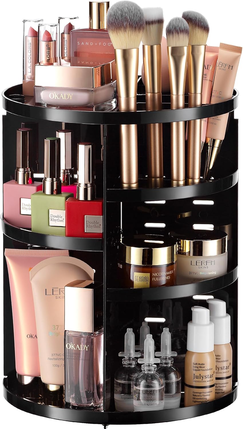 Masirs Small 360 Rotating Makeup Organizer - Mini Yet Spacious Cosmetic Storage Solution with Multiple Compartments - The Perfect Spinning Make-Up Caddy for Vanity or Bathroom Counter (Round - Clear)