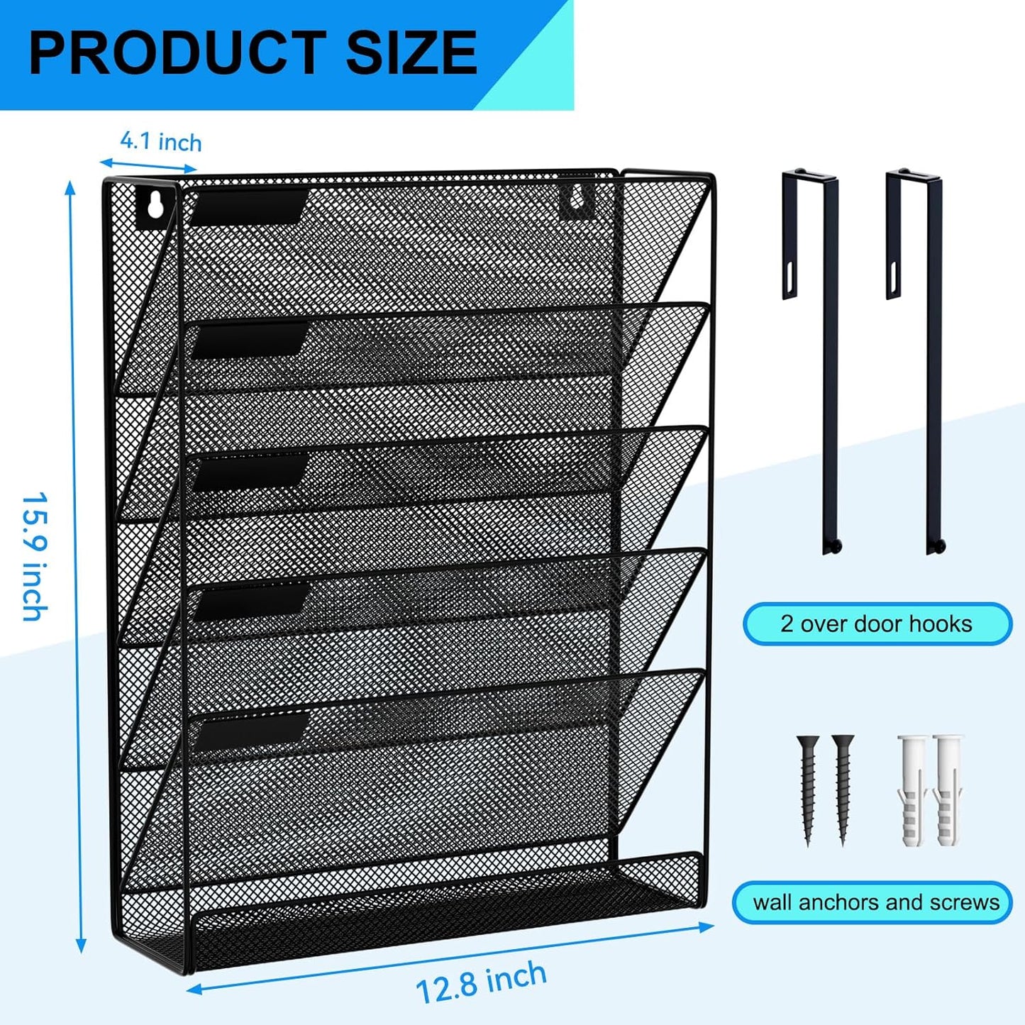 Wall File Organizer Holder Mesh Hanging Paper Document Holder,Vertical 6 Pocket Tier for Office Home, Black
