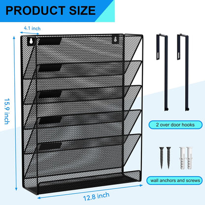 Wall File Organizer Holder Mesh Hanging Paper Document Holder,Vertical 6 Pocket Tier for Office Home, Black