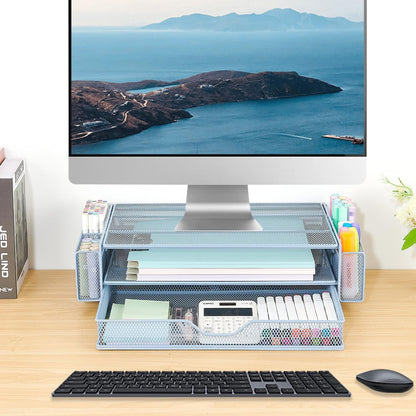 AUPSEN Wood Desk Organizers and Accessories, 2-Tier Computer Monitor Stand Riser with Drawer, Pen Storage & Phone Holder, Office Desk Accessories, Workspace Desktop Organization for Office Supplies（Brown）