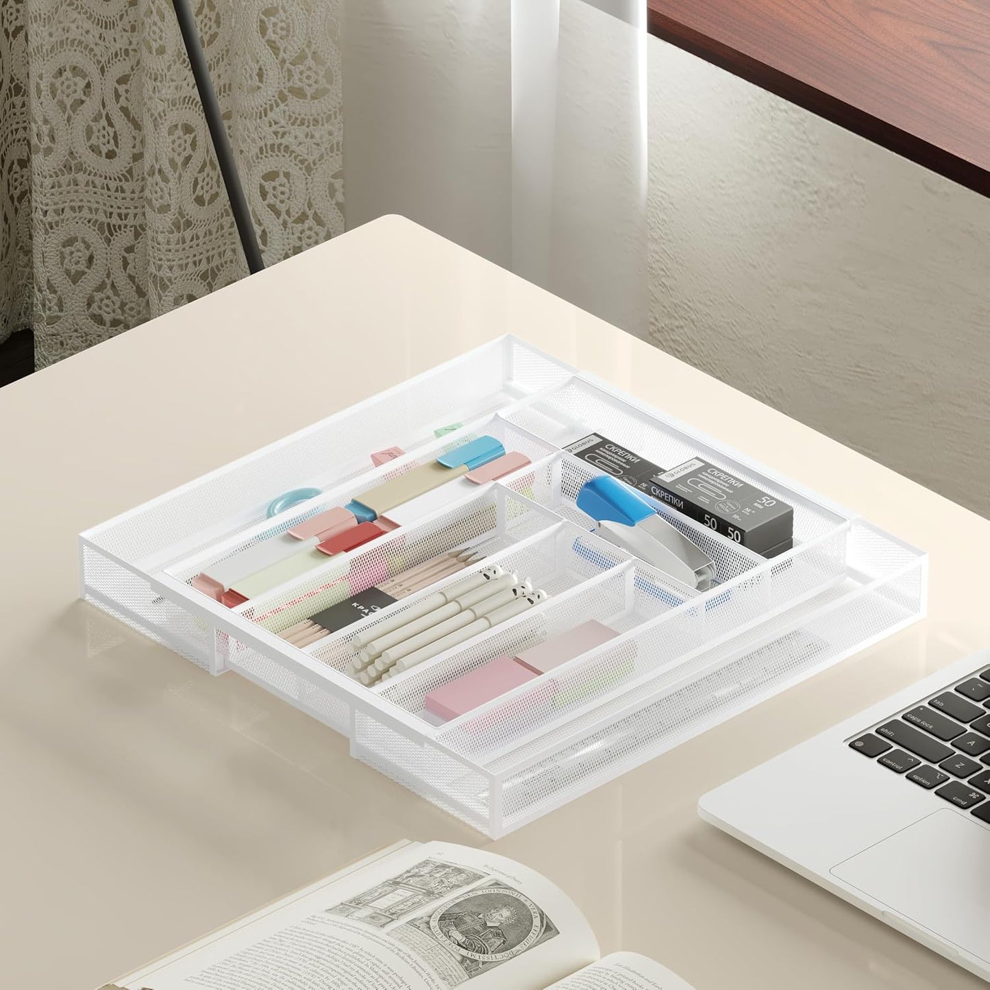 Sedegn Silverware Organizer Metal Mesh, Small Drawer Organizer, Utensil Cutlery Tray for kitchen drawers, Flatware Organizer with 5 Compartment, Black(9.3"*12.6")