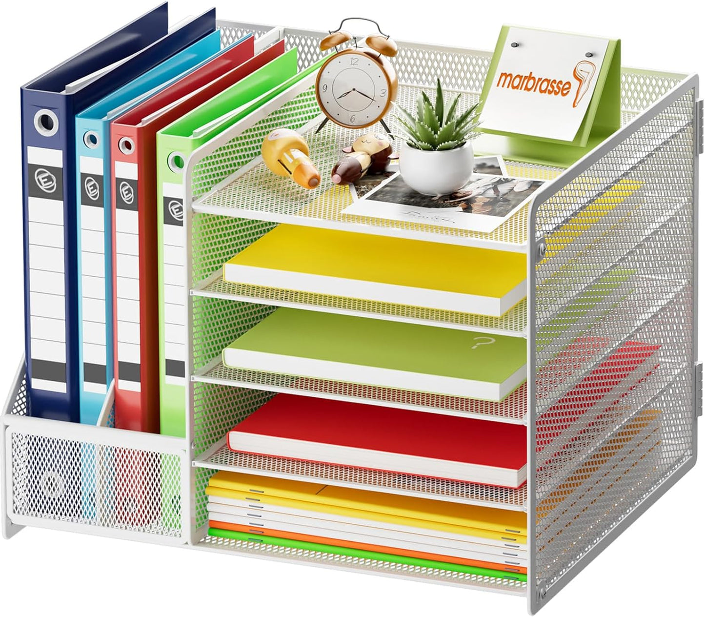 Marbrasse Desk Organizer with File Holder, 5-Tier Paper Letter Tray Organizer with Drawer and 2 Pen Holder, Mesh Desktop Organizer and Storage with Magazine Holder for Office Supplies(Black)