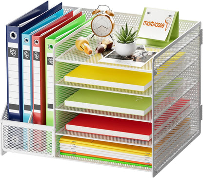 Marbrasse Desk Organizer with File Holder, 5-Tier Paper Letter Tray Organizer with Drawer and 2 Pen Holder, Mesh Desktop Organizer and Storage with Magazine Holder for Office Supplies(Black)